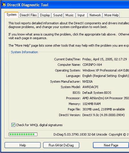 DxDiag 64-Bit version is used to test the new files of Direct X